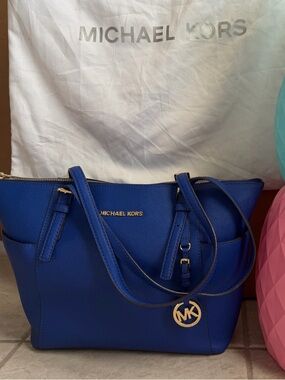 Michael Kors Cobalt Blue Saffiano Leather Tote with Gold MK Charm